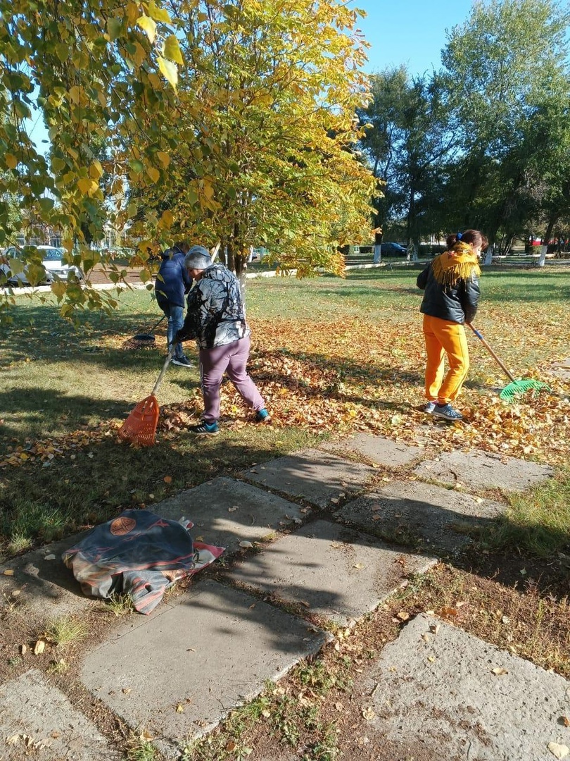 сотрудники детского сада с. Зоркино в ходе субботника убрали листву и летящий мусор на территории..