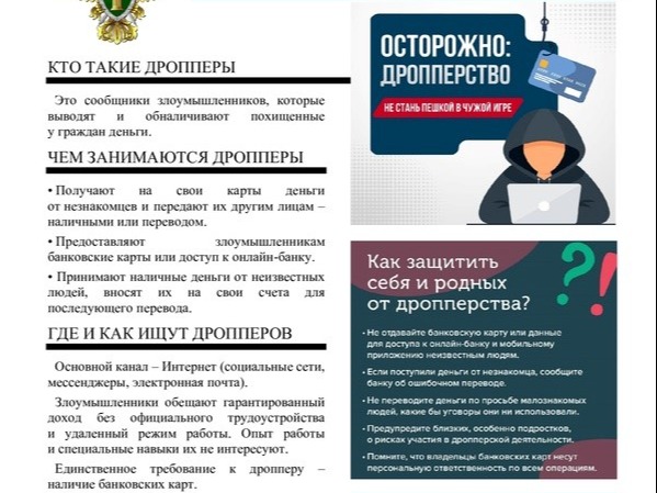 Прокуратура Саратовской области разработала листовку  по вопросам последствий вовлечения несовершеннолетних в незаконную финансовую деятельность (дропперы).